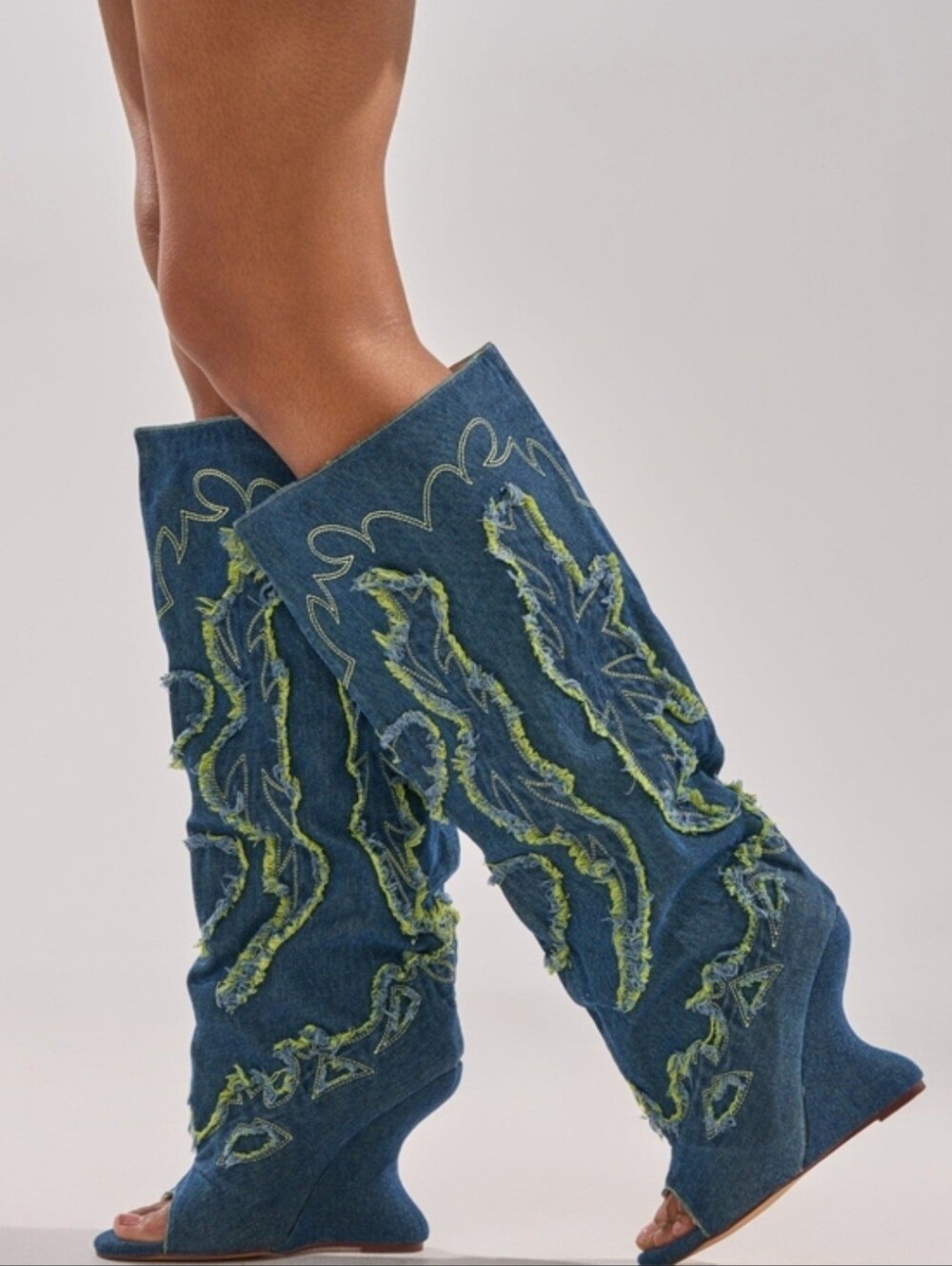 AZALEA WANG Denim Wedge Knee Boots with Green Embroidered Accents